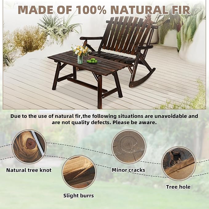 Patio Wooden Rocking Bench, Outdoor Conversation Sets with 2-Seater Adirondack Porch Rocker Loveseat and Coffee Table, Patio Rustic Log Rocker Bench for Deck, Backyard, Garden, Carbonized