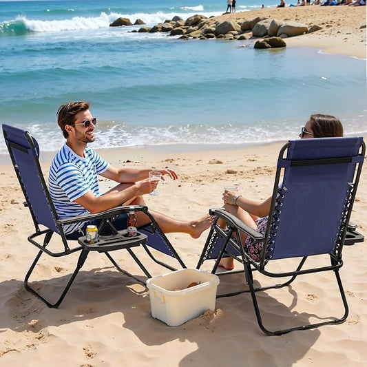 Greesum Zero Gravity Chairs Set of 2 Adjustable Steel Mesh Recliners Beach Deck Lawn Camping Patio Foldable Lounge Chair with Cup Holder Trays and Pillows,Blue