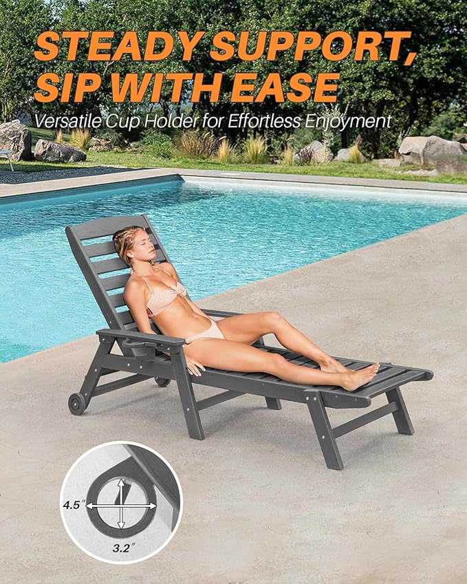 HDPE Outdoor Chaise Lounge Chair, 78.4'' Adjustable Outdoor Lounger with Wheels & Cup Holder, 5 Positions Poly Lounge Chair Furniture, HDPE Patio Lounge Chair for Poolside, Deck, Smoke Gray