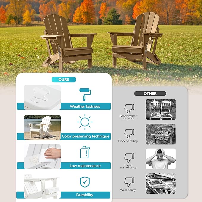 Folding Outdoor Adirondack Chairs Set of 1 with HDPE Side Tables-Plastic Weather Resistant Patio Chairs with Small Outdoor Side Tables 2 Storage for Patio,Fire Pit, Garden and Backyard