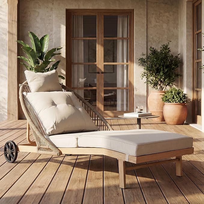 Patio Chaise Lounge Chair with Wheels, Outdoor Lounge Chairs with Thick Cushions, Patio Chaise Lounger Outdoor Handwoven Rope Armrests, Wicker Chairs for Outside, Poolside, Deck, Khaki