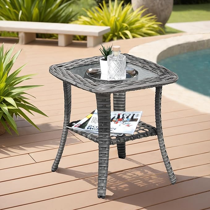 ovios Outdoor Side Table with Tempered Glass Top, Patio Wicker Rattan Bistro Coffee Tables with 2 Tiers Storage for Porch Deck Balcony Garden Poolside, Grey