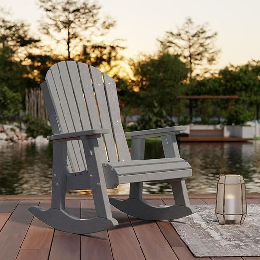 Wildridge Heritage Adirondack Rocking Chair, Light Gray - Outdoor Weather Resistant HDPE Rocking Chair for Patio, Deck, Fire Pit