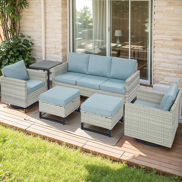 Wicker Outdoor Patio Furniture Set - 6 Piece Patio Conversation Set with 2 Swivel Rocker Chairs, 2 Rattan Ottoman - Photo 1