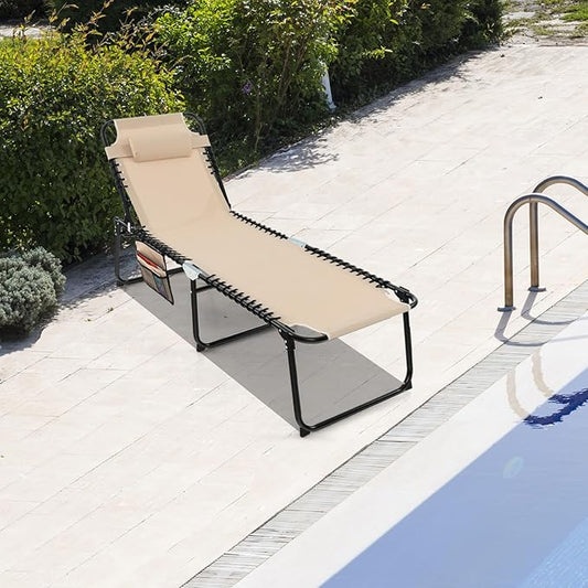 GYMAX Lounge Chairs for Outside, Extra High Folding Beach Tanning Lounger with Adjustable Backrest, Footrest & Removable Pillow, Sunbathing Lounge for Patio, Poolside (2, Sand with Pocket)