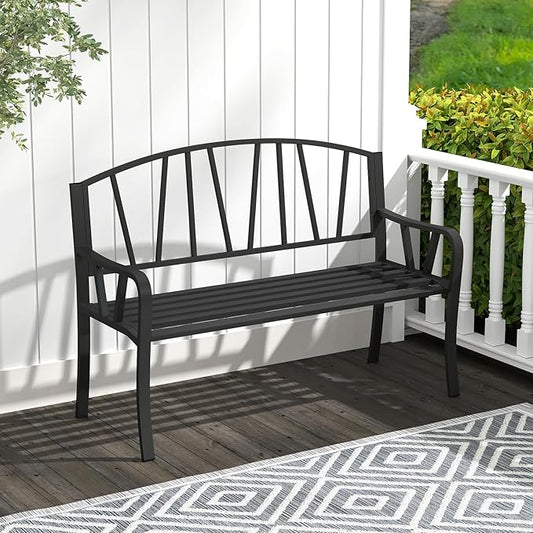 Giantex Garden Bench for Outside 51 Inch, Outdoor Bench with Metal Frame, Patio Metal Bench with Backrest, Armrests and Slatted Seat for Park, Porch, Backyard, 660 lbs Max Load, Black