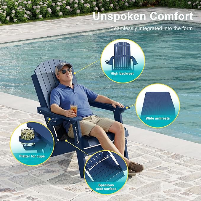 HDPE Foldable Adirondack Outdoor Chair with Cup Holder, Weather Resistant Heavy-Duty Patio Chair for Patio, Backyard, Deck, Fire Pit, Lawn and Porch, Navy Blue