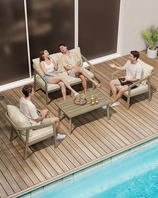 Outdoor Patio Loveseat, Never-Rust Aluminum Outdoor Loveseat Couch with Thick Cushions, Modern 2-Seater Patio Sofa Bench, Outdoor Sofa Loveseat Furniture for Poolside, Garden, Gray Oak | Never-Rust, Wood-Grain Texture, Wraparound Design, Removable Cush...