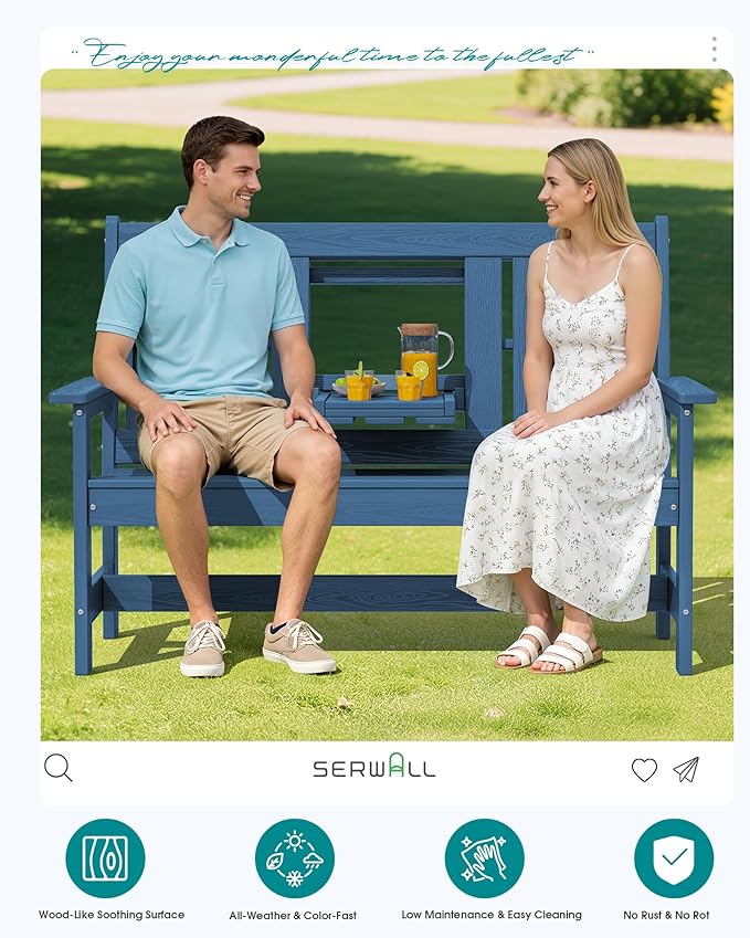 SERWALL Outdoor Bench with Cup Holder, 58" HDPE Front Porch Bench Suitable for 3 Person, All Weather Patio Benches with High Backrest and Wide Armrests for Garden, Park, Yard, Navy
