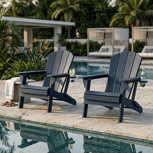 Kingdura Folding Adirondack Chairs Set of 2, Portable HDPE All Weather Resistant Outdoor Patio Chair, Wooden Textured with Cup Holder, 380LBS Capacity for Poolside, Backyard, Fire Pit (Navy Blue)