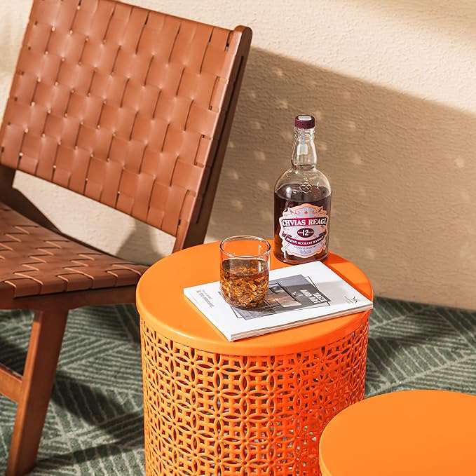 Glitzhome Outdoor Side Table Set of 2, Decorative Garden Stool for Patio Heavy Duty Metal Frame Accent Table Modern End Table, Glossy Orange
