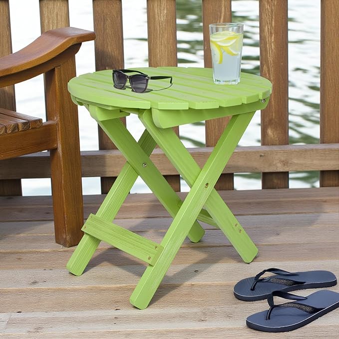Shine Company Round Wooden Folding Solid Wood Side Table, Outdoor Adirondack Small Patio Table, Lime Green