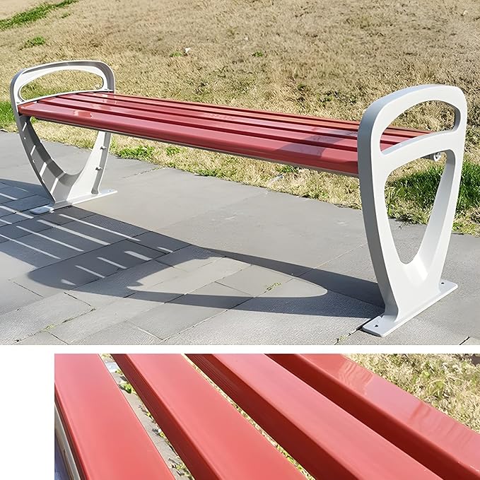 LITFAD Garden Bench Industrial Metal Frame Park Bench with Waterproof Wood Curved Seat Outdoor Seating Bench for Patio, Lawn, Yard, Porch - Red 59" L x 16" W x 21" H