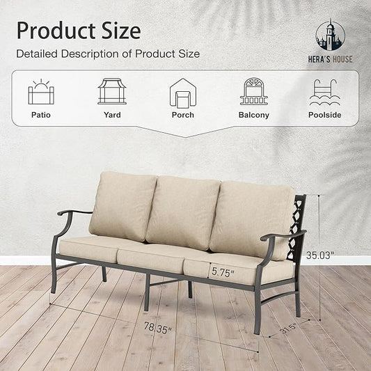 HERA'S HOUSE Patio Furniture Sofa, All-Weather Outdoor 3 Seats Couch, Outdoor Patio Couch with Deep Seating and Olefin Cushions for Lawn Garden Backyard Balcony
