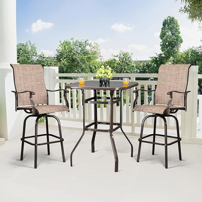 VINGLI 32" Indoor-Outdoor Bar Height Table, Square Tempered Glass Metal Table for Patio, Backyard, Poolside and Garden (Brown)