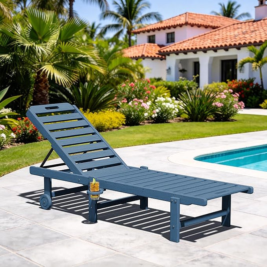 SERWALL Outdoor Chaise Lounge, Patio Chaise Lounge Chair with 5 Positions Adjustable Backrest, HDPE Lounger with Rolling Wheels & Cup Holder for Pool, Navy