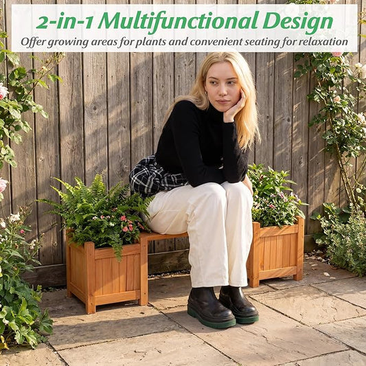 HAPPYGRILL Outdoor Bench with 2 Raised Garden Beds, 2-in-1 Outdoor Planter Box with Open-Ended Base, Wooden Garden Bench for Flowerpots, Indoor Patio Yard Porch Decoration (1)