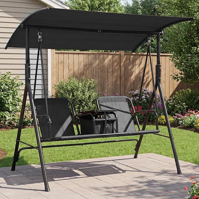 Porch Swing with Cup Holders & Pivot Storage Table & Cooler Bag with Adjustable Canopy for 2 Person Patio Swing for Backyard Balcony Poolside Black
