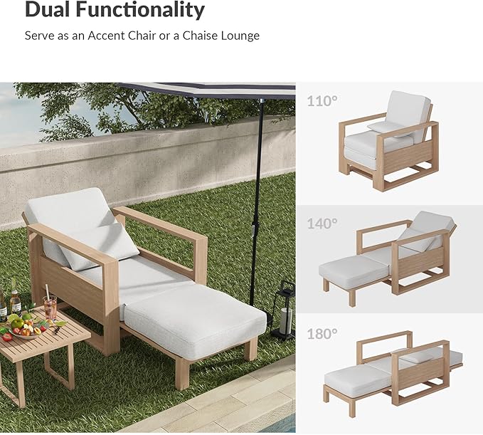 HULALA HOME Outdoor Chaise Lounge, Solid Wood Patio Lounge Chair with Lumbar Pillow, Adjustable Reclining Poolside Lounge Chair, White
