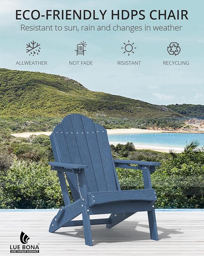 LUE BONA HDPE Folding Adirondack Chairs Set of 4 - Weather Resistant Seating with Cup Holder for Patio, Fire Pit, Deck & Resort Garden, Blue