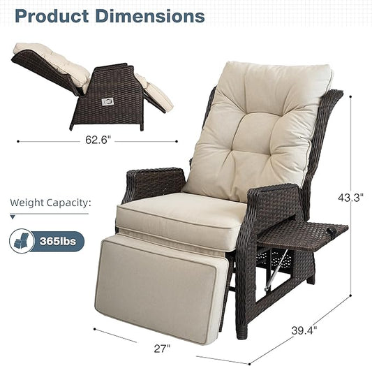 Outdoor Indoor Wicker Recliner with Adjustable Back and Footrest, Patio Reclining Chair with Flip-up Table, Outdoor Rattan Lounge Chair, Upgrade Beige