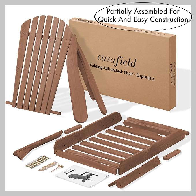 Casafield Folding Adirondack Chair, Cedar Wood Outdoor Fire Pit Lounge Chairs for Patio, Deck, Yard, Lawn and Garden Seating, Partially Pre-Assembled - Espresso