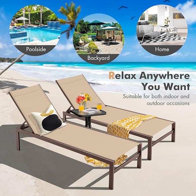 Tangkula Aluminum Lounge Chair Outdoor, Patio Adjustable Chaise Lounge with 6-Position Backrest, Aluminum Frame, Breathable Fabric, Lightweight Recliner Pool Chairs for Poolside, Backyard (2, Brown)