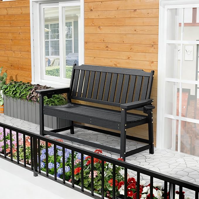 Outdoor Bench with Cup Holder All-Weather HDPE Fade Resistant Garden Bench 660 lbs Bearing 2-Seat Front Porch Furniture for Patio, Backyard,Park (Black)