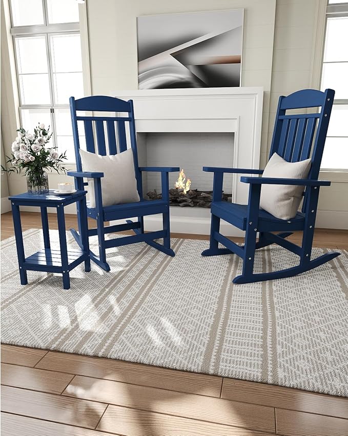 Outdoor Rocking Chairs Set of 4, Oversized High Back Patio Rocking Chairs, All Weather Porch Rocking Chairs for Outside. Navy Blue