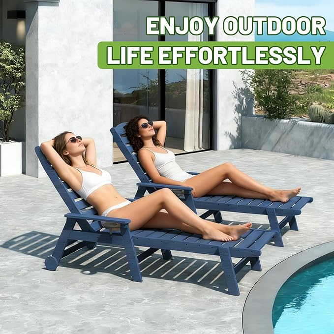 Outdoor Lounge Chairs Set of 2, 78'' Long Patio Lounge Chair HDPE 5-Position Adjustable with Cup Holder & Rolling Wheels, Pool Lounge Chair for Sunbathing Tanning, Deck, Poolside -Dark Blue