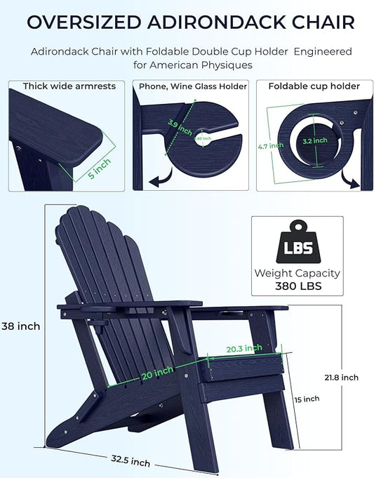 Oversized Adirondack Chair with Dual Cup Holders, Ergonomic High Back HDPE Fire Pit Chair, 380lbs Capacity All-Weather Outdoor Patio Lounge Chair for Garden, Deck, Yard - Navy Blue