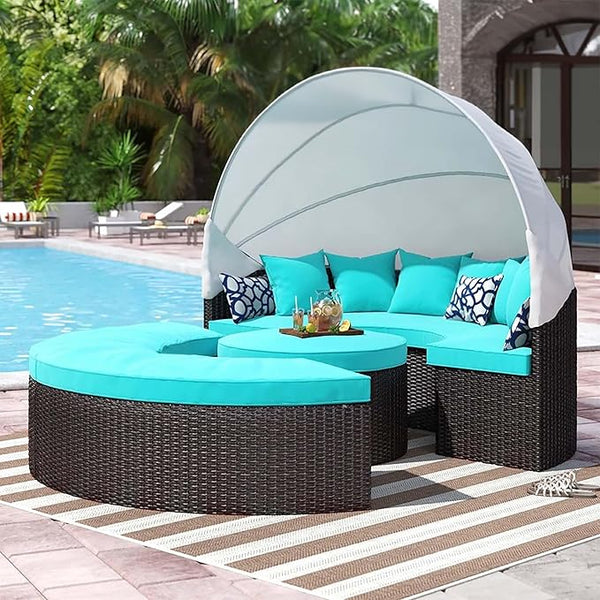 Modway Convene Wicker Rattan Outdoor Patio Retractable Canopy Round Poolside Sectional Sofa Daybed with Cushions in - Photo 1