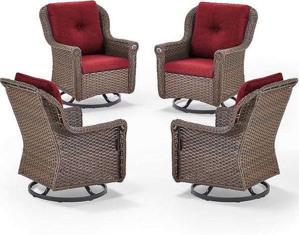 Patio Chairs Outdoor Swivel Glider - Set of 4 High Back Outside Brown Wicker Rattan Rocking Chair with Thick Cushion - Photo 1