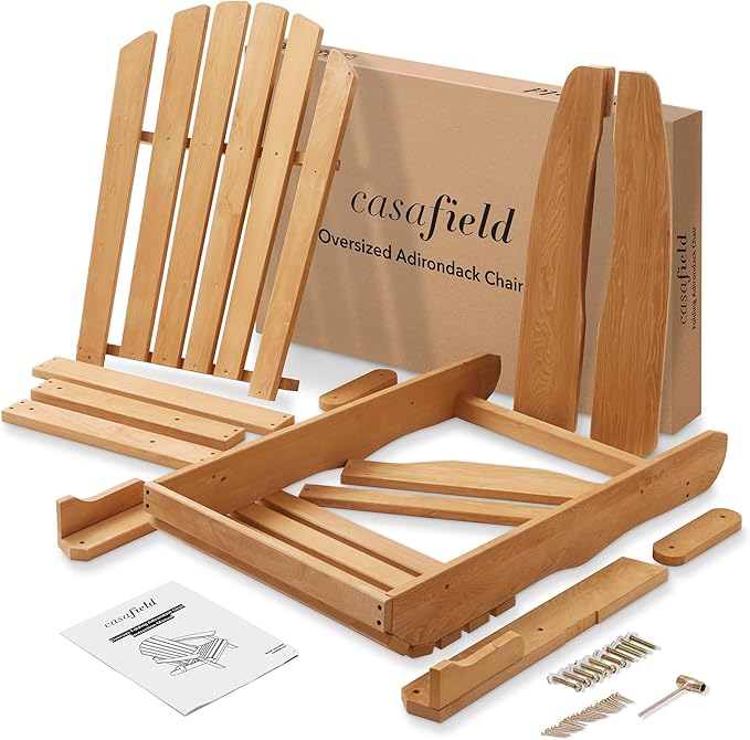 Casafield Oversized Folding Adirondack Chair, Cedar Wood Outdoor Fire Pit Lounge Chairs for Patio, Deck, Yard, Lawn and Garden Seating, Partially Pre-Assembled - Natural