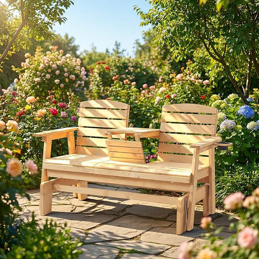 HOMREST Outdoor Glider Bench, Oversized Glider Bench with Foldable Seatback, Wooden Patio Glider Loveseat with High Back, Cupholders, Heavy Duty 800LBS Suitable for 3 Persons, Natural