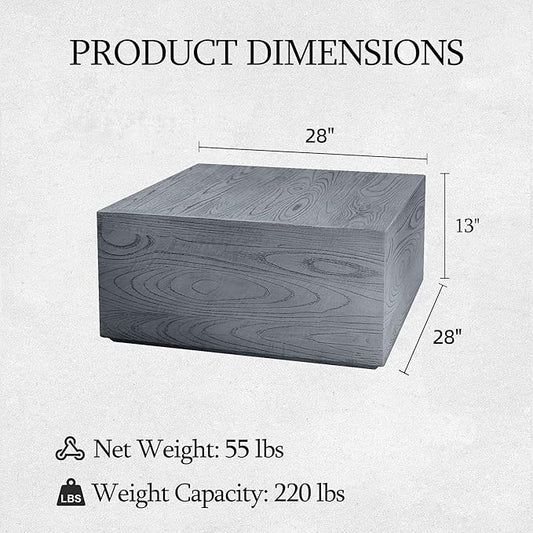 UPHA 28" Square Outdoor Coffee Table, Modern Hollow Concrete Patio Table, Small Minimalist Low Accent Table for Living Room, Balcony, Deck, Backyard, Gray Wood Finish