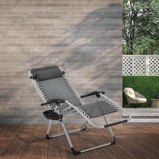 Athena Collection 3 in 1 Patio Lounge Chair Foldable Camping Chair with Headrest Chaise Lounge Nap Chair with Removable Thick Cushion Reclining Beach Sleeping Chair for Indoor and Outdoor, Grey