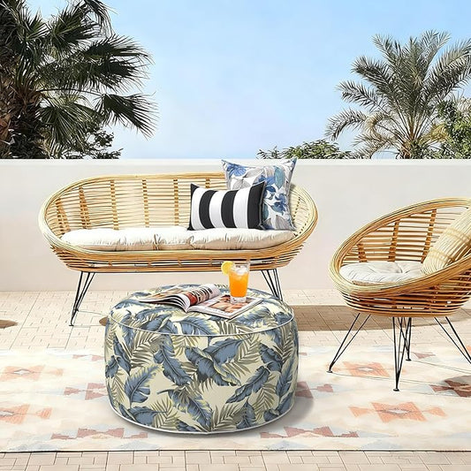 LVTXIII Outdoor Inflatable Ottoman, Fade-Resistant Round Footrest Stool D31”x H14”, Portable Patio Pouf for Garden Camping or Home Use, Lush Palm Blue