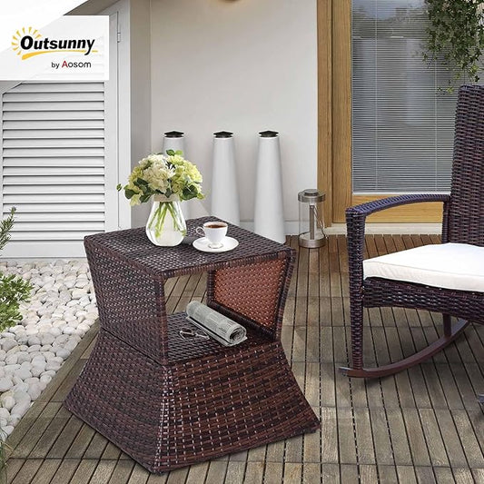 Outsunny Outdoor Side Table with Umbrella Hole, 2 Tier Rattan Wicker End Table with Storage Shelf, All Weather for Outdoor, Patio, Garden, Backyard, Mixed Brown