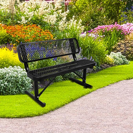 4 Ft Metal Park Bench for Outside, All-Weather Thermoplastic Coating Outdoor Bench with Backrest, Commercial Heavy Duty Benches for Shopping Malls, Stores, Parks, Patios, Decks, Black