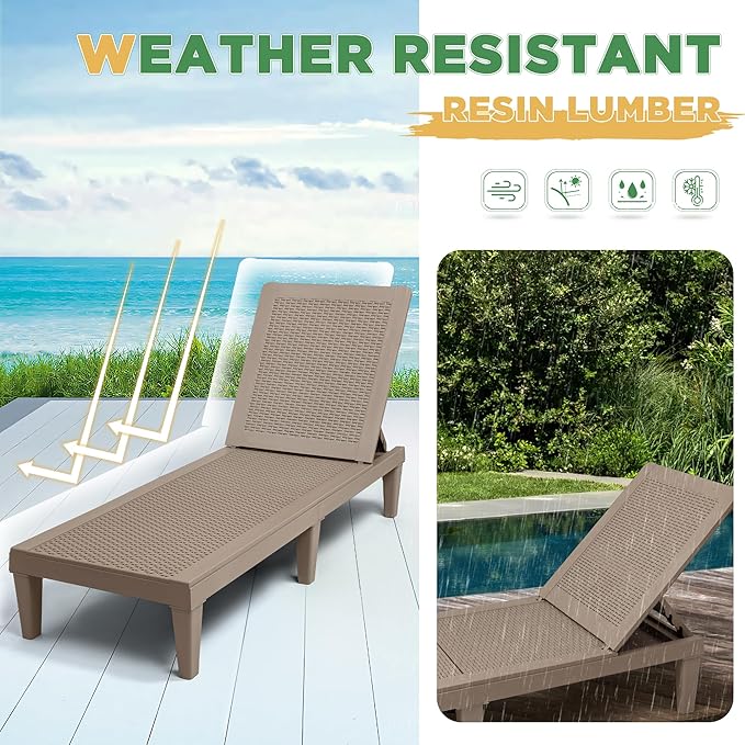 Greesum Outdoor Chaise Lounge Chairs Set of 4 with 5-Position Adjustable Backrest, Waterproof PP Sun Chaise Loungers for Garden Pool Beach Patio Deck Sunbathing, Light Coffee