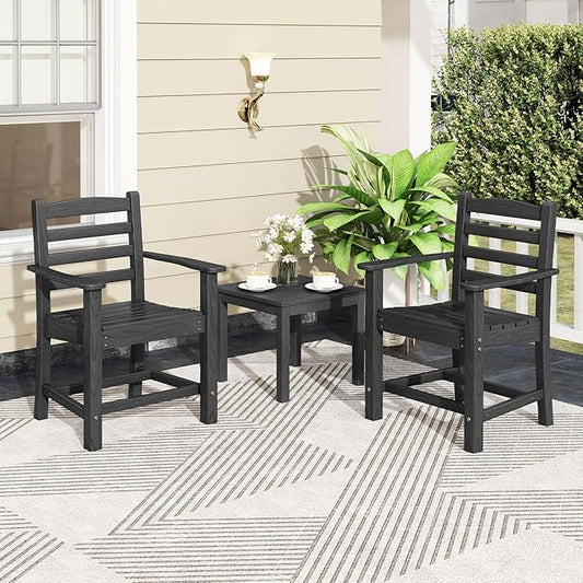Tangkula Patio Dining Chairs Set of 2, HDPE All Weather Outdoor Chair w/Wide Armrests, Curved Seat, Wood Grain, Plastic Porch Chair for Backyard, Garden, Front Porch, Poolside (Black, 2 Chairs)