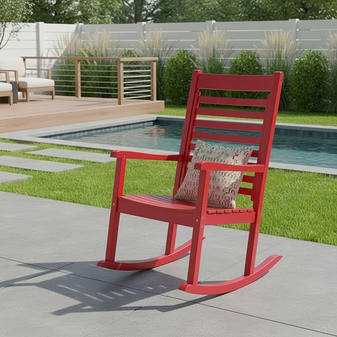 Shine Company Modern Wood Rocking Chair, Ergonomic Wide Seat Porch Rocker, Chili Pepper