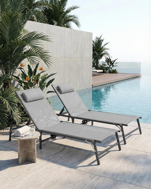 2 Pack Foldable Chaise Lounge Chair with Cup Holder, Assemble-Free Outdoor Lounge Chair with Detachable Pillow and 6 Adjustable Backrest, Patio Lounge Chair for Outside Poolside Beach Pool, Grey