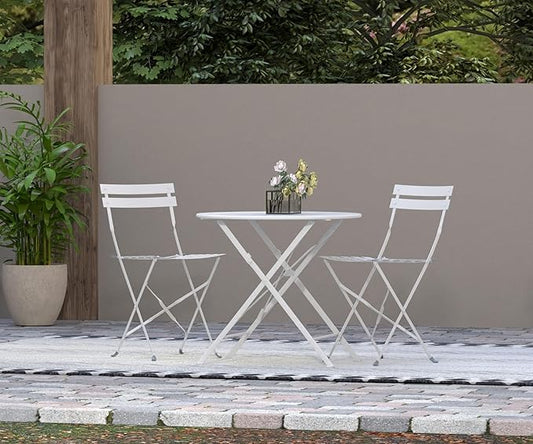 Carolina Chair & Table Bistro Set of 2 Foldable Outdoor Chairs - Elegant Powder Coated Metal Seat and Frame Folding Chairs - Modern Style Space Saving Furniture for Patio, Balcony or Garden (White)