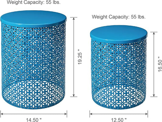 Glitzhome Outdoor Side Table Set of 2, Decorative Garden Stool for Patio Heavy Duty Metal Frame Accent Table Modern End Table, Glossy Blue