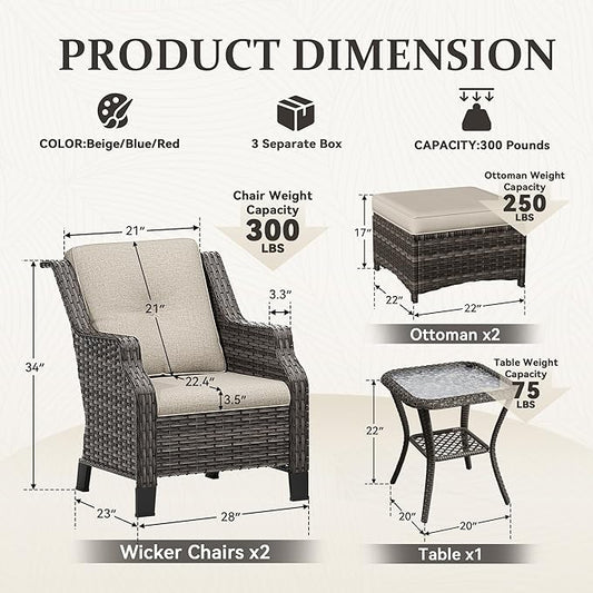 Wicker Patio Furniture Set - 5 Piece Rattan Outdoor Conversation Sets with 2 Wicker Patio Chairs,2 Ottomans, 1 Side Table for Garden, Backyard, Balcony and Deck