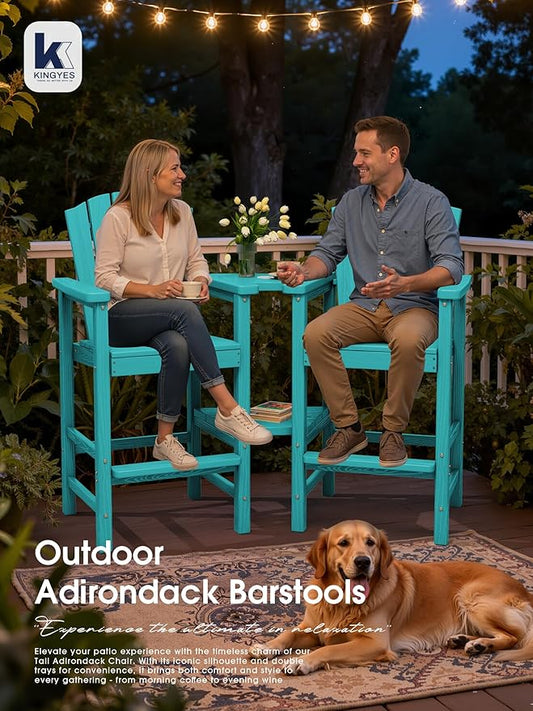 KINGYES Tall Adirondack Chair Set of 4, HDPE Tall Adirondack Barstools with Double Connecting Trays, Embossed Bar Height Adirondack Chair for 2, All Weather Resistant Balcony Adirondack Chairs, Aruba