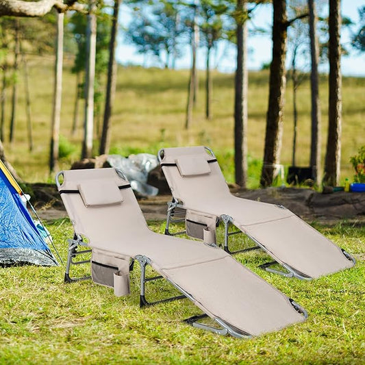 Goplus Tanning Chair, Folding Outdoor Beach Lounge Chair with Face & Arm Hole, Carrying Strap, Pillow, Side Pocket, 5-Position Adjustable Chaise Lounge Chair Sunbathing Chair for Lawn Pool, 330 LBS