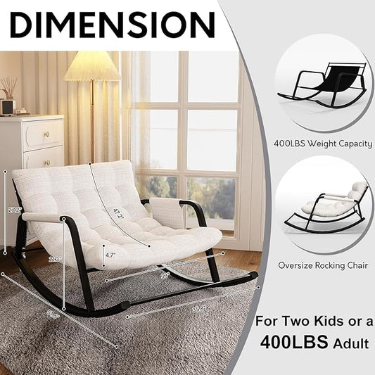 Indoor Outdoor Patio Rocking Chairs Set of 2, Papasan Rocking Chairs, Double Papasan Chair with Cushion, Oversized Modern Rocker Chairs for Living Room, Bedroom, Porch, Garden Beige
